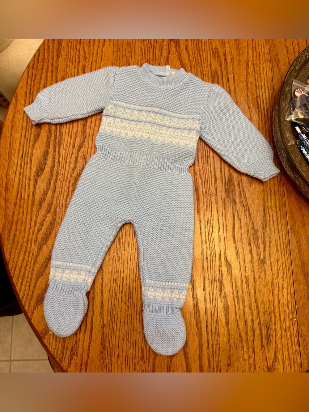 Vintage Light Blue Knit Footed One-Piece with White Fair Isle